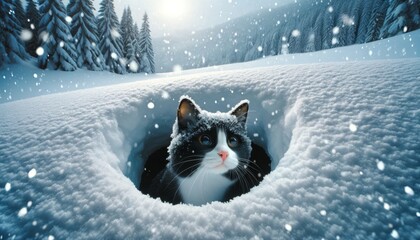 A tuxedo cat peering curiously out from a hole in a snowy hill, with snowflakes gently falling around.