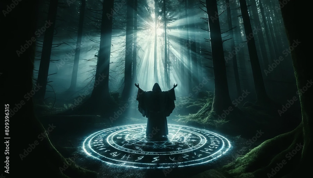 Wall mural a cloaked figure performing a mystical summoning ritual in a dark grove.