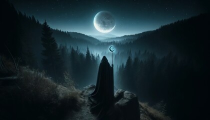 A figure in a long, flowing cloak holding a crescent-shaped staff, standing on a cliff overlooking...