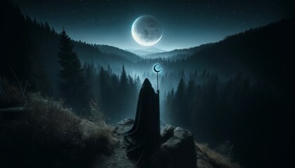 A figure in a long, flowing cloak holding a crescent-shaped staff, standing on a cliff overlooking a dark forest under a full moon.