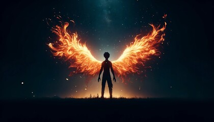 A spirit-like entity with wings that resemble flames, set against a nocturnal backdrop.