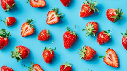 Detailed top view of strawberries and slices creatively arranged into a playful pattern on a cyan blue backdrop, isolated