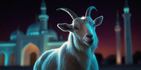 A goat stands in front of a mosque, creating a serene and peaceful scene.  Discover the essence celebration  of Eid ul Adha in this peaceful scene. Eid al Adha background