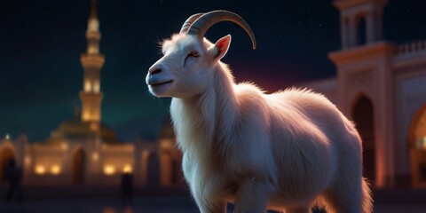 Fototapeta premium A goat stands in front of a mosque, creating a serene and peaceful scene. Discover the essence celebration of Eid ul Adha in this peaceful scene. Eid al Adha background