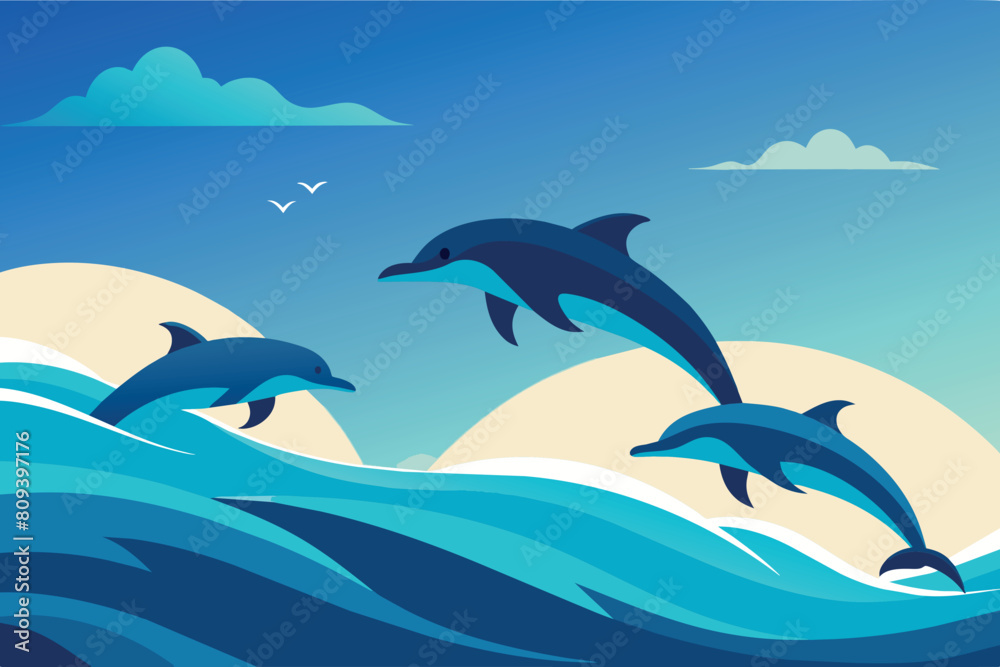 Wall mural three dolphins jump over blue ocean waves with a rising sun