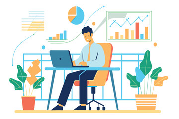 Man at desk engaged in work with laptop and colorful data charts around
