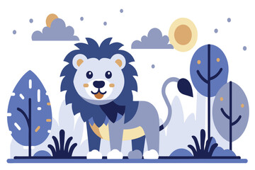 Naklejka premium A smiling cartoon lion amidst colorful trees and plants