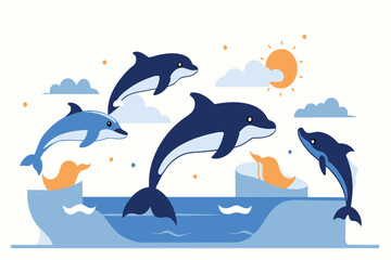 Fototapeta premium A group of dolphins jumping over the sea at dusk