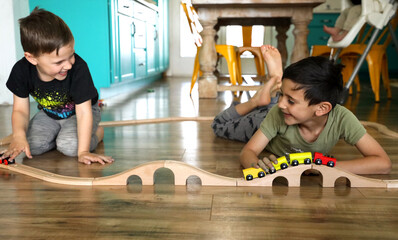 children playing with train railroad train, children smiling having fun, childhood