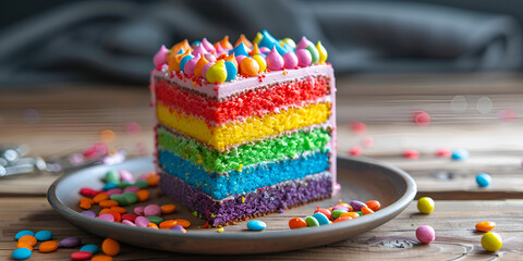 
A lively and colorful extreme close - up of a slice of birthday cake. 