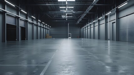 A large empty warehouse with gray walls and a white ceiling, illuminated by bright lights. The concrete floor has no furniture.