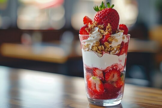 A delicious strawberry yogurt parfait topped with granola, served in a tall glass at a cozy cafe, perfect for a healthy dessert or snack.