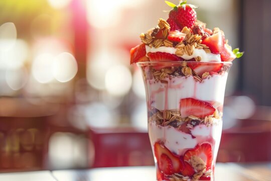 A delicious strawberry yogurt parfait topped with granola, served in a tall glass at a cozy cafe, perfect for a healthy dessert or snack.