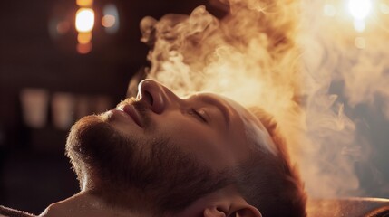 Serene scene of a Caucasian man relaxing with a steam facial treatment in a dark, atmospheric spa setting - Powered by Adobe