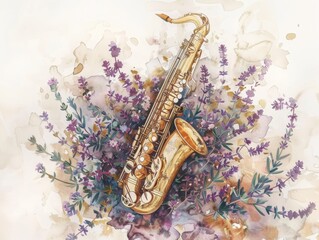 Naklejka premium Exquisite watercolor painting of a saxophone with a beautiful floral arrangement.