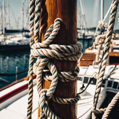 Obraz premium Seafaring Serenity Close-Up of Secure Knots and Rigging on a Docked Yacht