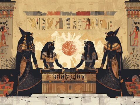 An illustration of an ancient Egyptian tomb with four gods standing in front of a large sun disk.