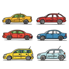 Fototapeta premium Cars side view, cartoon vector illustration, different colors. Two rows cars, top row sedan models, bottom row hatchback style, pastel background. Six cars, three different colors, outlined design