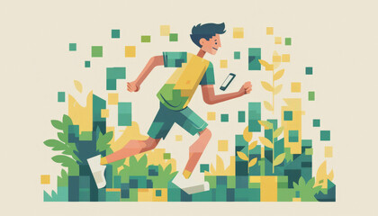 A stylized illustration depicting a young person happily running with a smartphone in hand, surrounded by abstract shapes suggesting motion and digital connectivity.