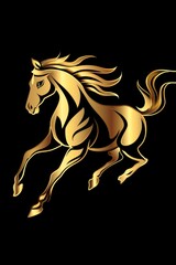 Golden running horse logo illustration on black background. Emblem, icon for company or sport team branding