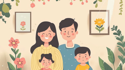 Obraz premium ​World autism awareness day :An illustration of a happy family with two parents and two children, surrounded by floral decorations and framed pictures on a wall.