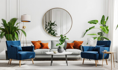 A white wall with two small round mirrors hanging on it, one large mirror is in the center of the picture. The sofa and chairs around them have blue legs and orange cushions