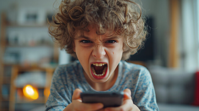 Little boy playing video games on smartphone and getting angry