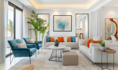 A white wall with two small round mirrors hanging on it, one large mirror is in the center of the picture. The sofa and chairs around them have blue legs and orange cushions