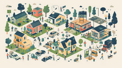 ​Sharing Economy : Illustration of a bustling suburban neighborhood with homes, people, cars, pets, trees, and a coffee shop, encapsulating everyday community life in a stylized form.