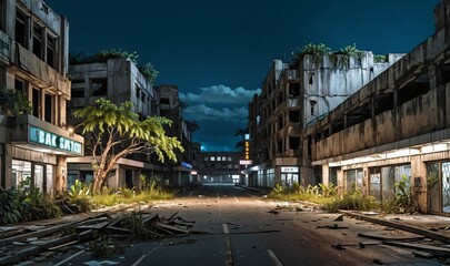 Fototapeta na wymiar Abandoned post apocalyptic cyberpunk city overgrowth buildings at night. Town building exterior aftermath in tropical summer climate. Urban cityscape.