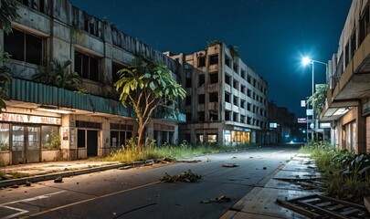 Abandoned post apocalyptic cyberpunk city overgrowth buildings at night. Town building exterior aftermath in tropical summer climate. Urban cityscape.