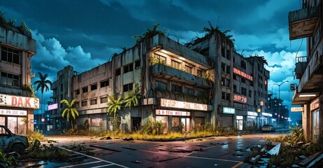 Abandoned post apocalyptic cyberpunk city overgrowth buildings at night. Town building exterior aftermath in tropical summer climate. Urban cityscape.