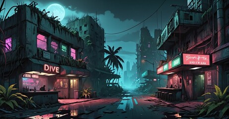 Gothic cyberpunk dystopian overgrowth city at night. Market district with bar and vendor shops. Abandoned, aged, old overgrown town building exteriors. Wasteland slum dark cityscape.