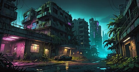 Obraz premium Gothic cyberpunk sci-fi dystopian overgrowth city at night. Abandoned, aged, old overgrown town building exteriors. Wasteland slum dark cityscape.