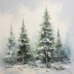 painting of a group of trees in a snowy forest