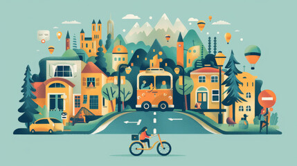 ​Sharing Economy : A stylized illustration featuring a colorful town with buildings, a bicyclist, cars, a bus, trees, mountains in the background, and hot air balloons.