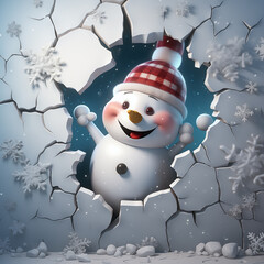 arafed snowman in a red hat and striped hat breaking through a hole in a snow covered wall