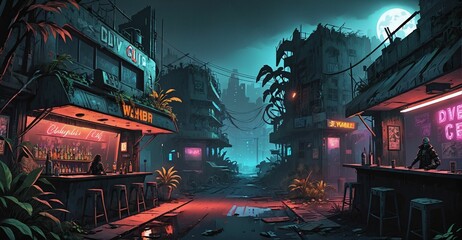Gothic cyberpunk dystopian overgrowth city at night. Market district with bar and vendor shops. Abandoned, aged, old overgrown town building exteriors. Wasteland slum dark cityscape.