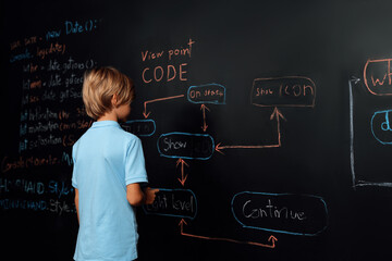 Back view of boy writing a code on blackboard while stand and think with casual shirt and holding...