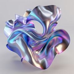 This digital rendering presents an abstract, fluid shape characterized by chrome and iridescent hues, delicately suspended in mid-air against a neutral grey background.
