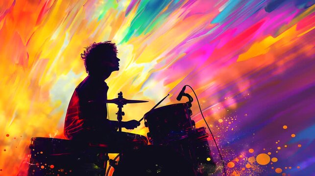 A Drummer's silhouette with colorful aura, spiritual music. Anime or digital painting style, looping 4k video animation background