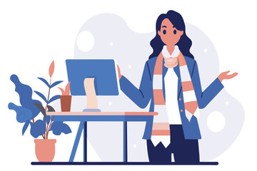 A professional woman presenting at her workspace with a computer