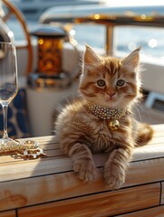 cat on the yacht, luxury, well being, gold bell, ginger cat