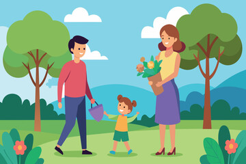 A family with a child on a sunny park walk, holding flowers