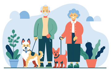 Senior pair strolling with pets amidst greenery