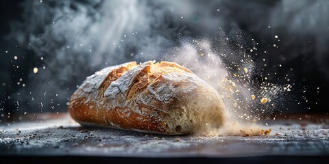 A close shot and horizontal view of steam coming out from the destruction of a fresh sourdough loaf of bread against a clean black backdrop and space for text, Generative AI. - Powered by Adobe