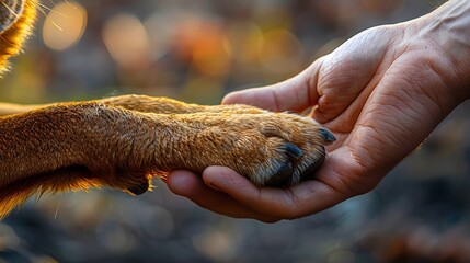 A close shot of a human hand holding paw of dog with a blurry backdrop and big space for text or...