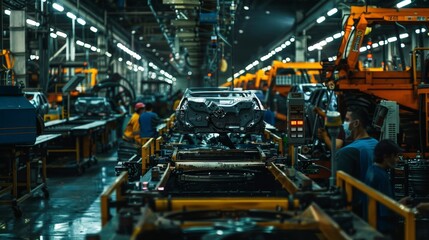 Amidst the hum of machinery and the clatter of tools, workers in the factory move with purpose and efficiency, each contributing their skills to the production process. - Powered by Adobe
