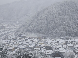 JAPAN : Aerial view of North East area of Japan in December winter season. View of snow covered land. Houses, street and road covered with heavy snow. Winter travel and journey concept shot