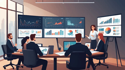 Group business team conference meetings working for project planning and brainstorming with business analytics and monitoring marketing report chart dashboard monitor concept. flat vector